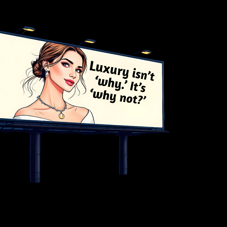 A billboard featuring a woman promoting a necklace with a message about love and attention.